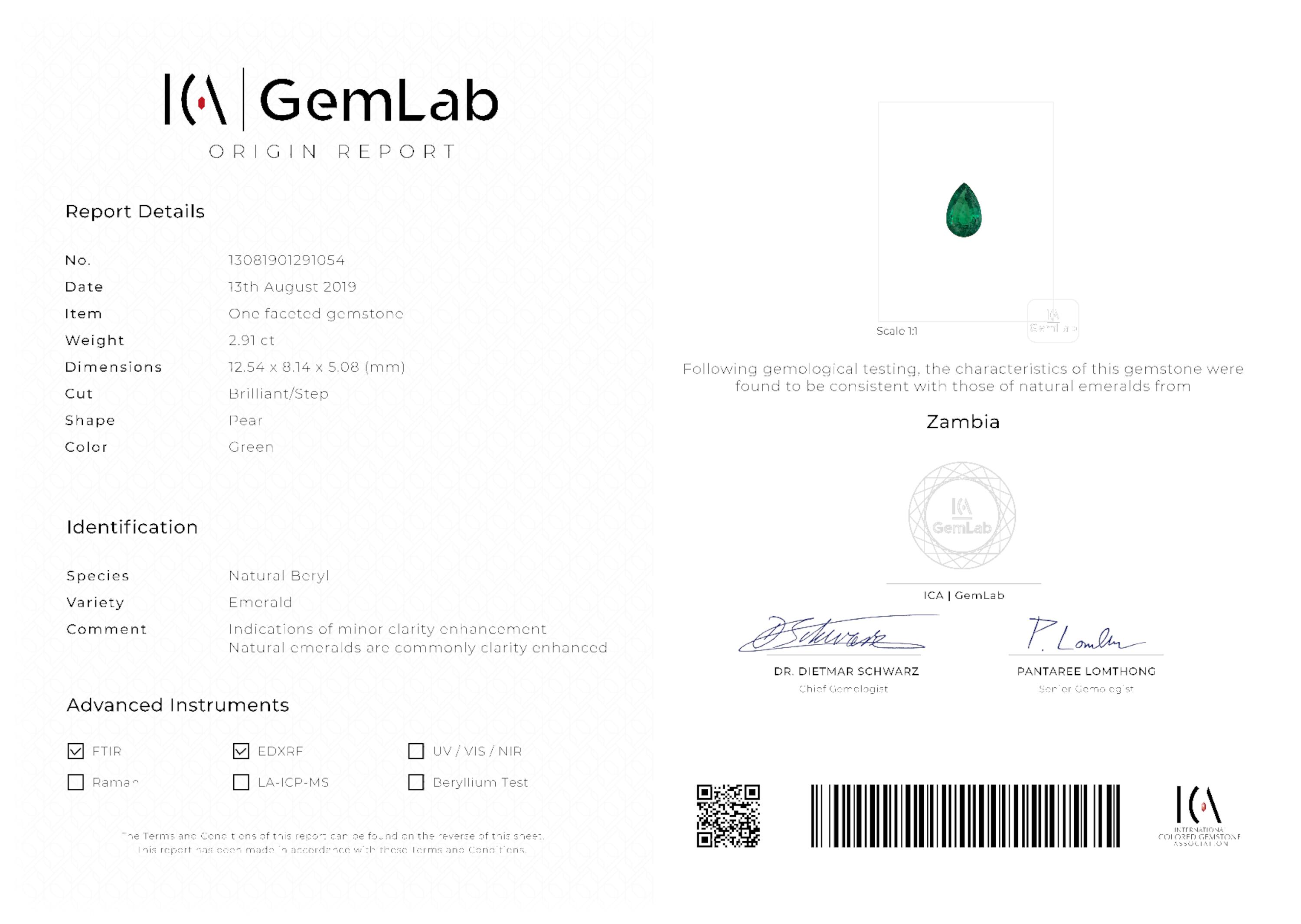 2.91 ct. Pear Shape Emerald ICA Minor