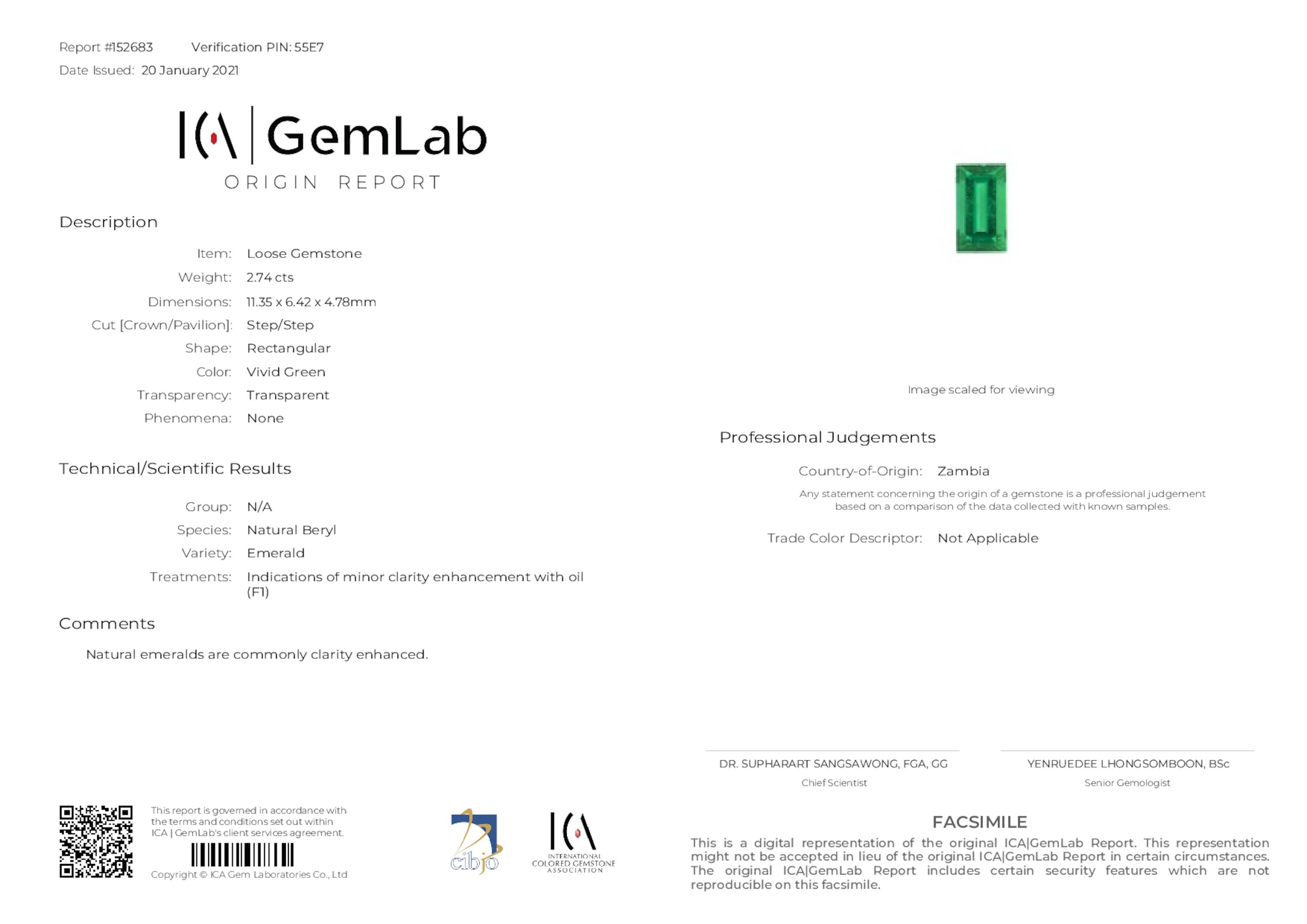 2.74 ct. Baguette Emerald ICA Minor