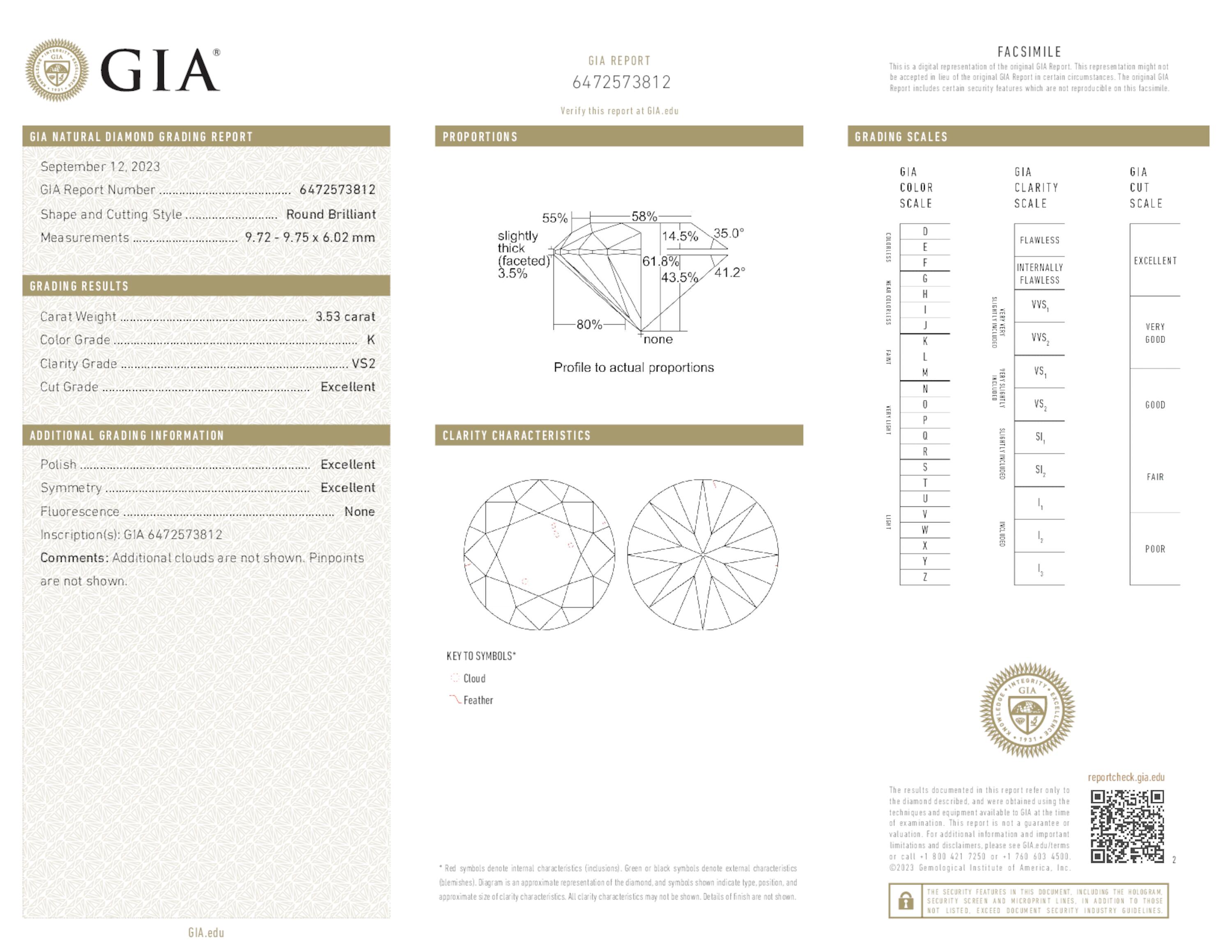 3.53 ct. Round Brilliant Diamond K VS2 EX None GIA