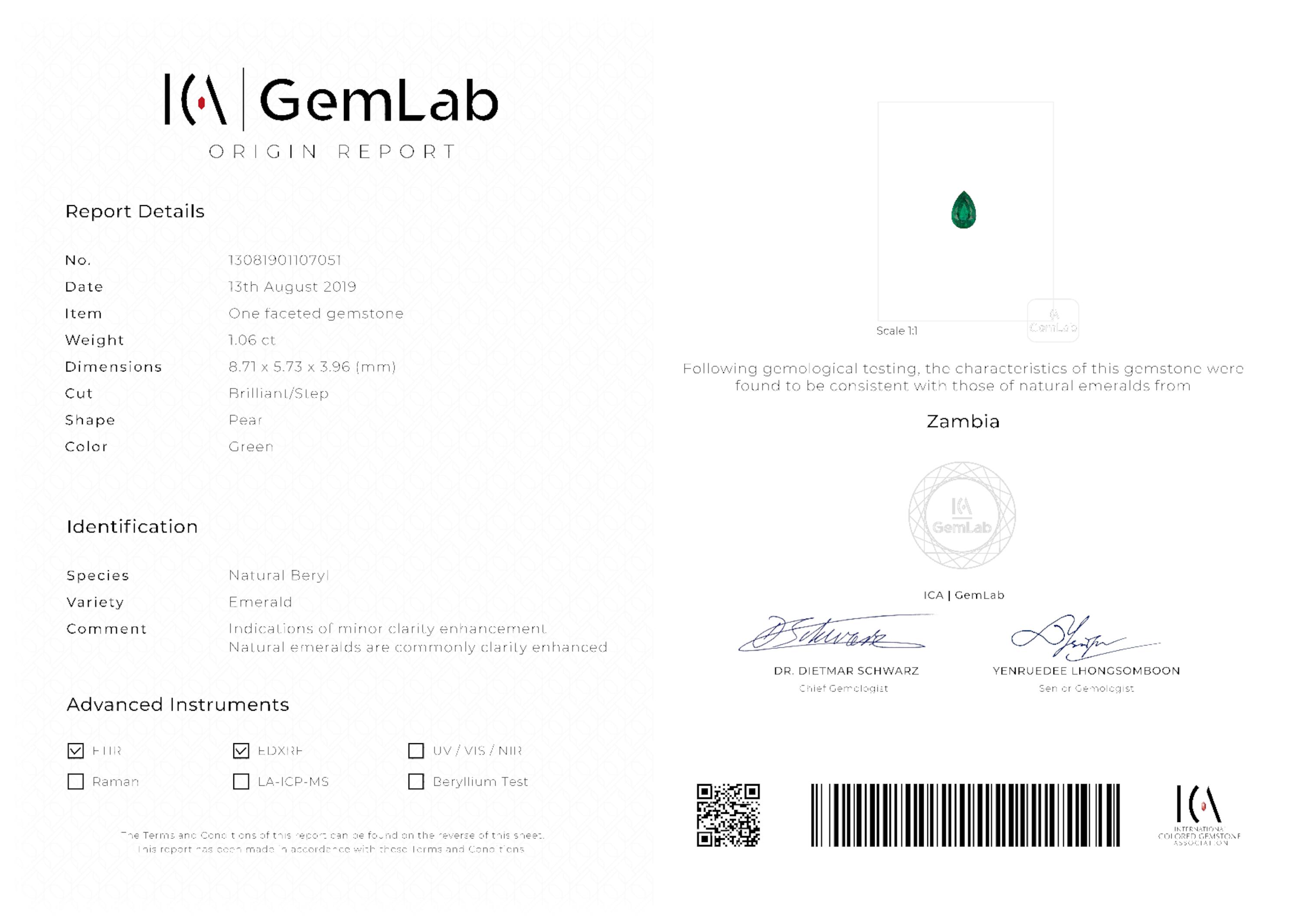 1.06 ct. Pear Shape Emerald ICA Minor