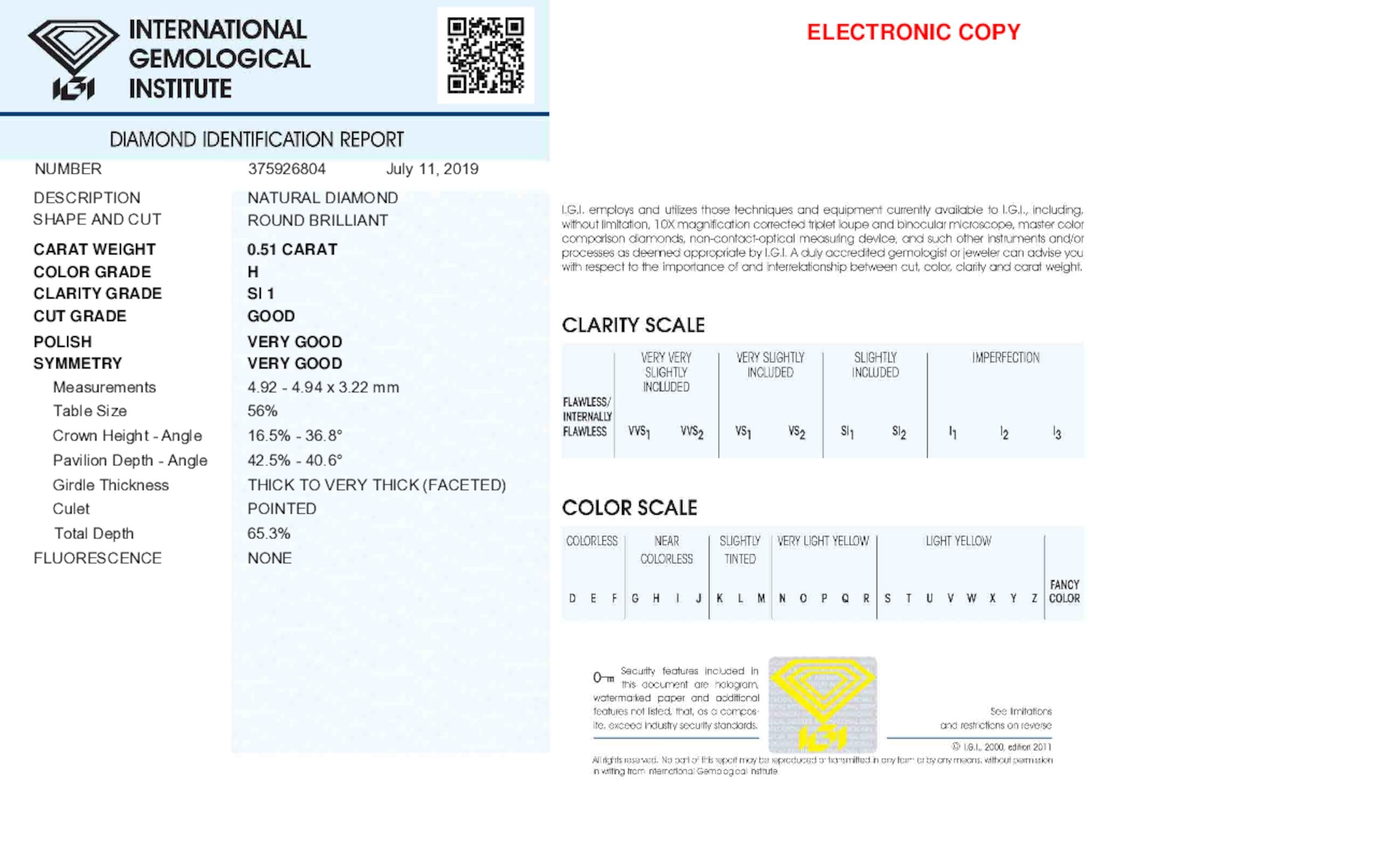 0.51 ct. Round Brilliant Diamond H SI1 G None IGI