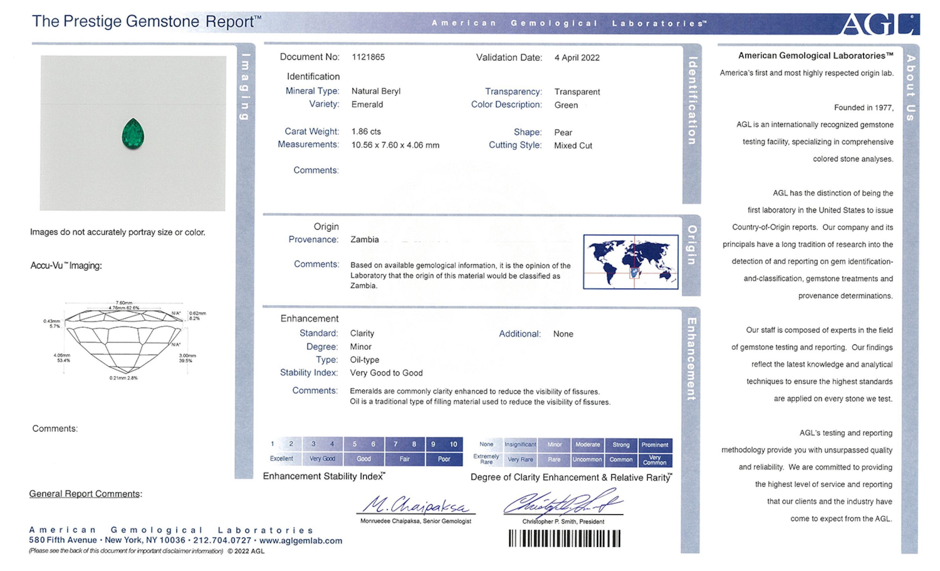 1.86 ct. Pear Shape Emerald AGL Minor