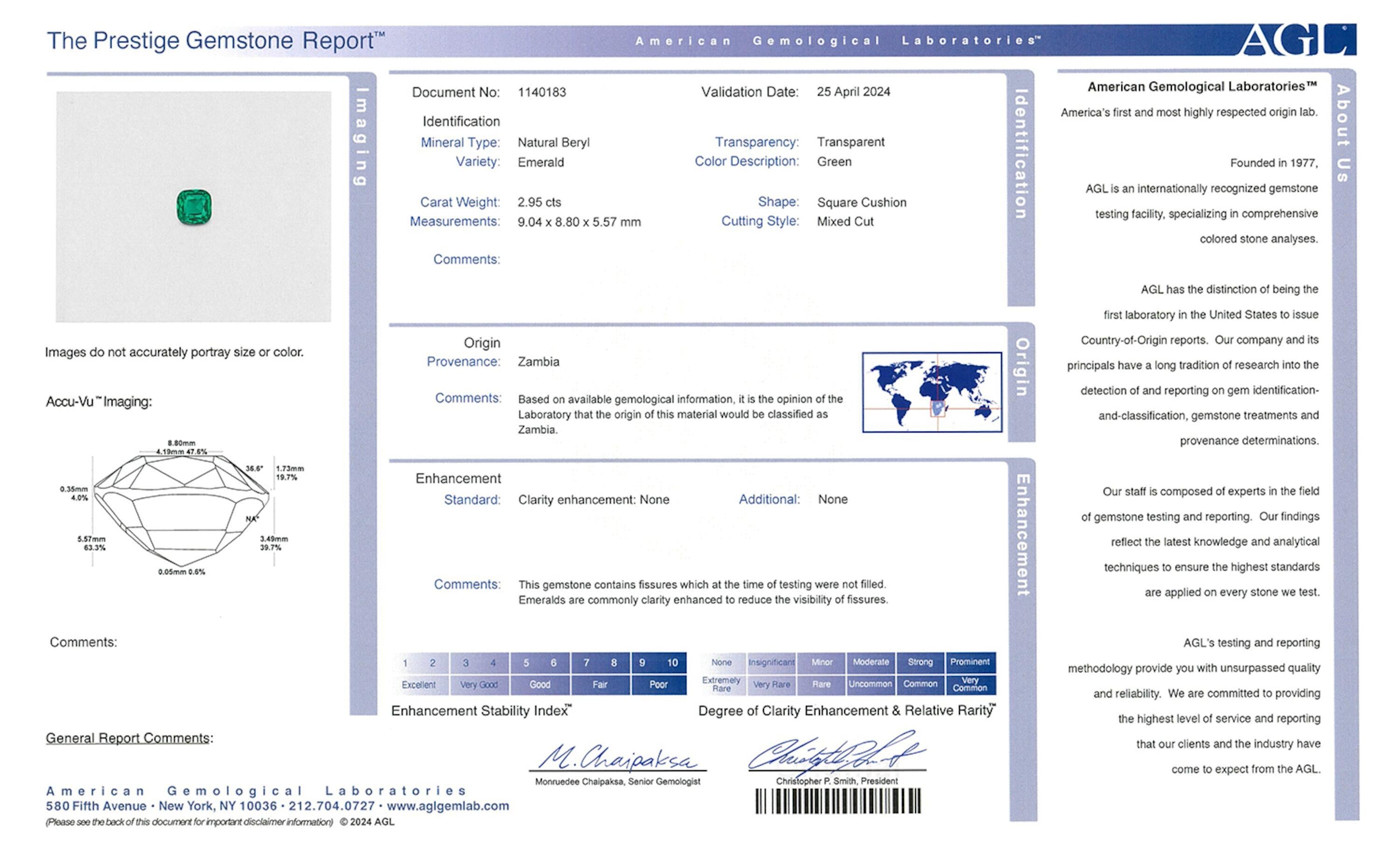 2.95 ct. Cushion Emerald AGL No Oil