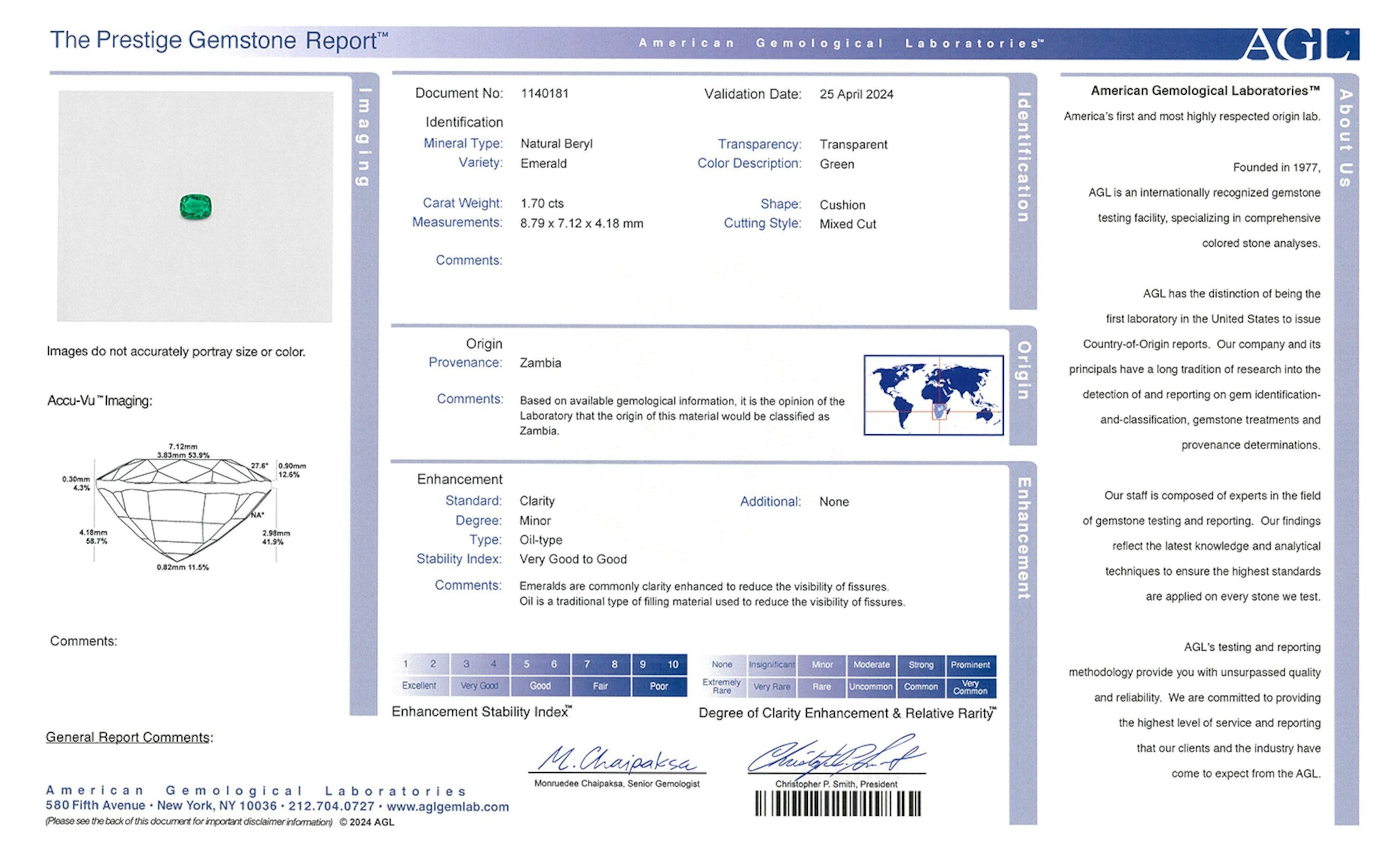 1.70 ct. Cushion Emerald AGL Minor