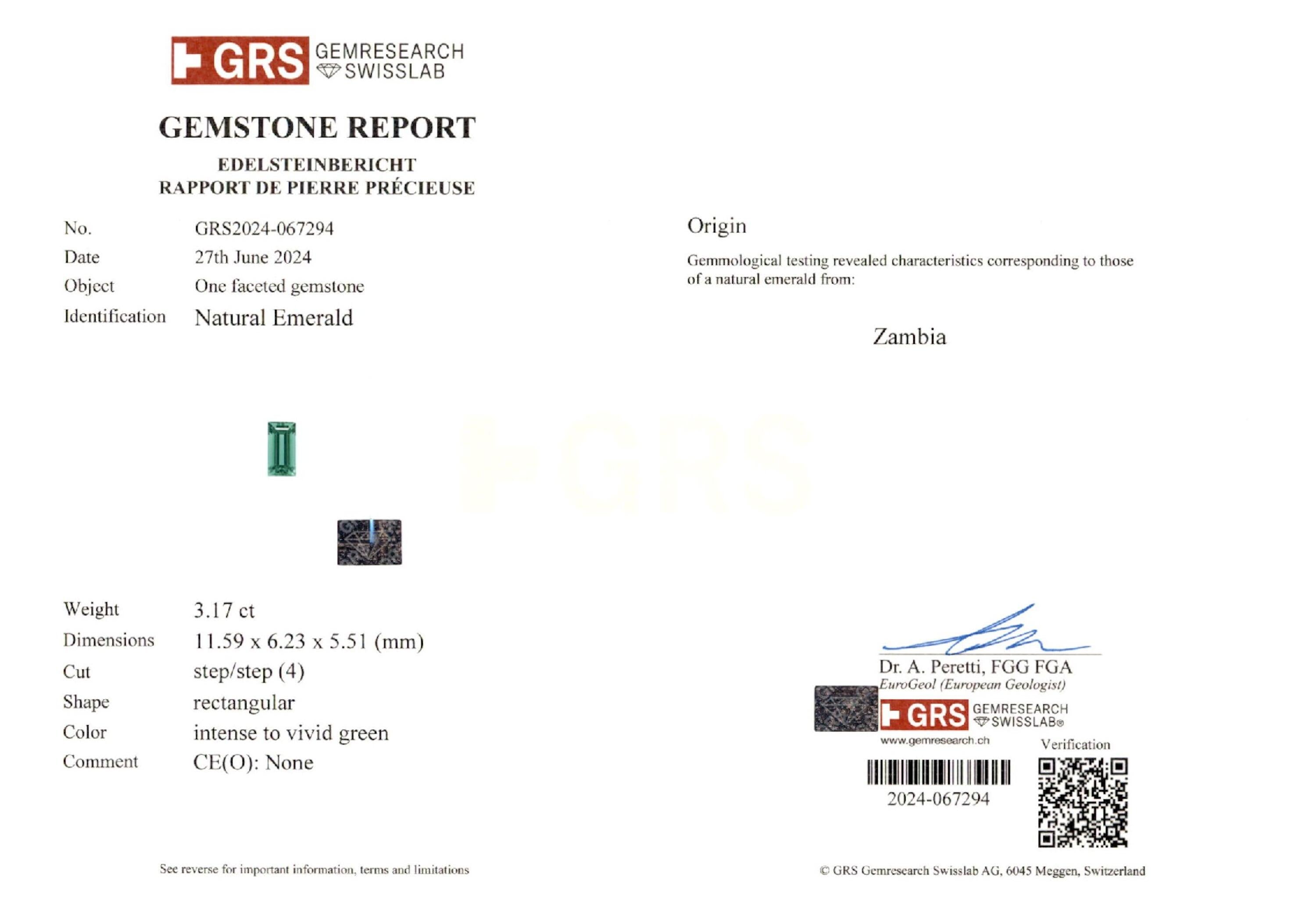 3.17 ct. Baguette Emerald GRS No Oil