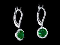 Round Emerald Halo Drop Earrings - White Gold